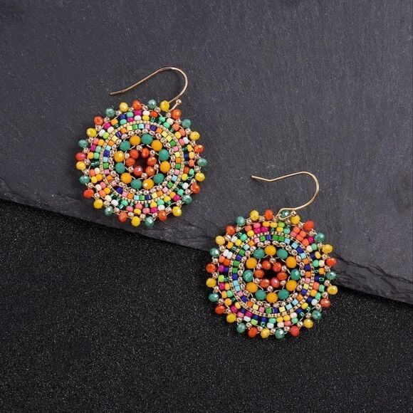 Multicolored Beaded Crystal Round Disc Boho Statement Dangling Hook Earrings - Picture 3 of 6